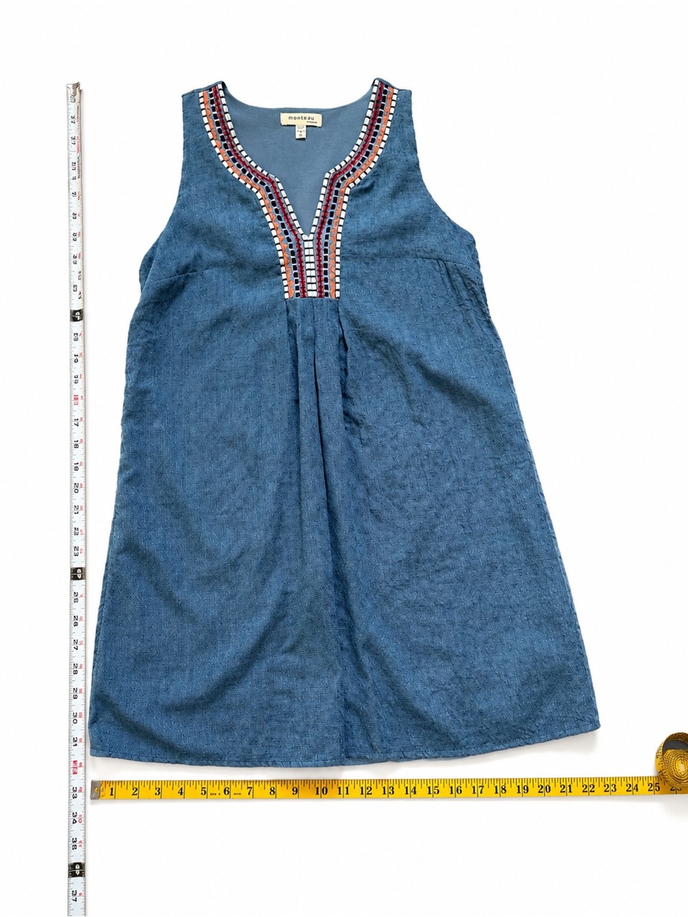 Chambray Embroidered V-Neck Denim Mini Dress Blue Women’s size Small Sleeveless - Picture 4 of 5